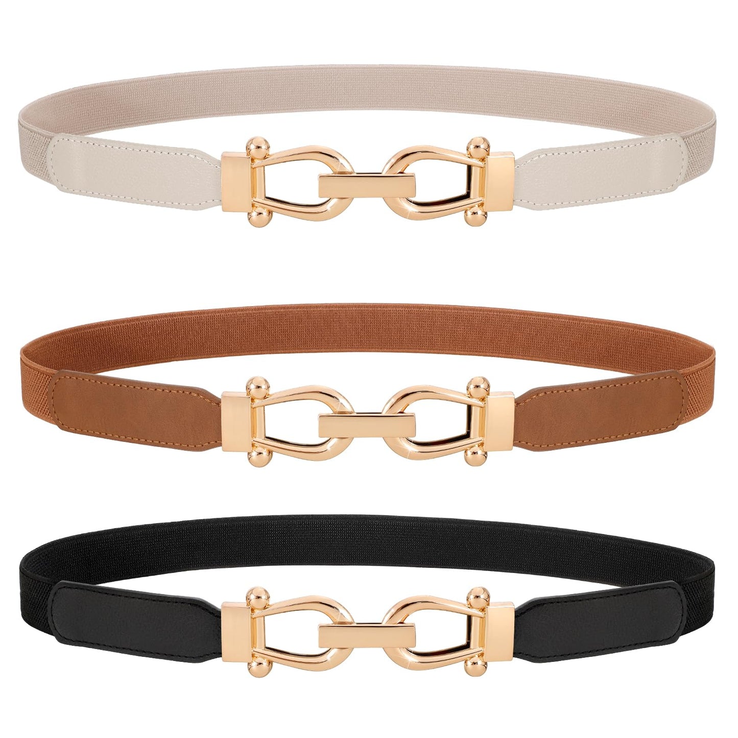 WERFORU 3 Pack Women Ladies Skinny Elastic Waist Belt Gold Buckle Stretchy Thin Belt for Dress Jeans,Black+Brown+Beige