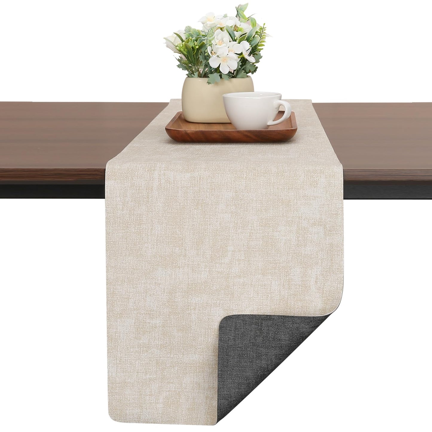 Chitomars Table Runners 55 Inches Long, Dual-Sided Faux Leather Farmhouse Table Runner Waterproof Non-Slip for Living Room Party Home Decor Holiday Decorations(Gray Cream-White, 12 x 55 Inch)