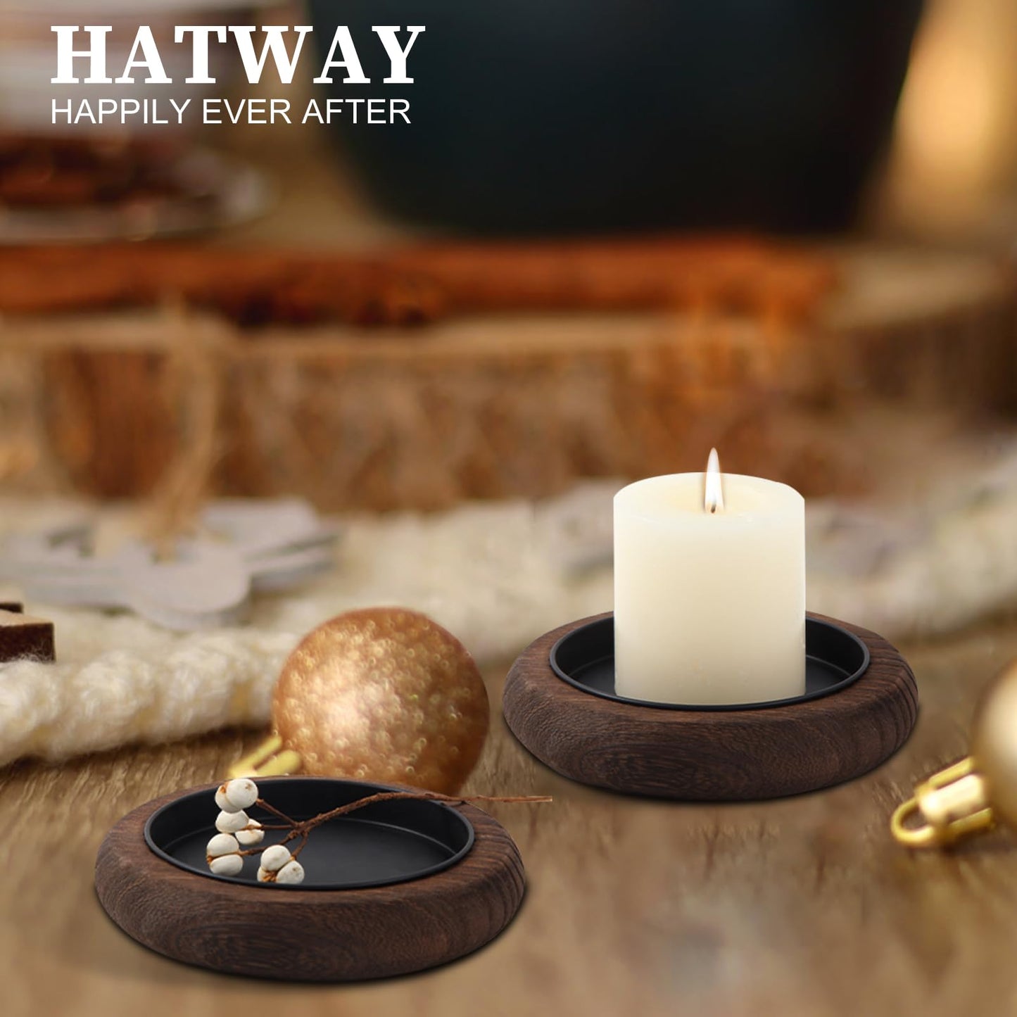 Hatway Wood Candle Holder Farmhouse Decor Wooden Pillar Candles Tray for Table Centerpiece Small Decorative Tray Riser Round Wooden Plate Pedestal Stand for Coffee Table for Christmas Decor Mu-4