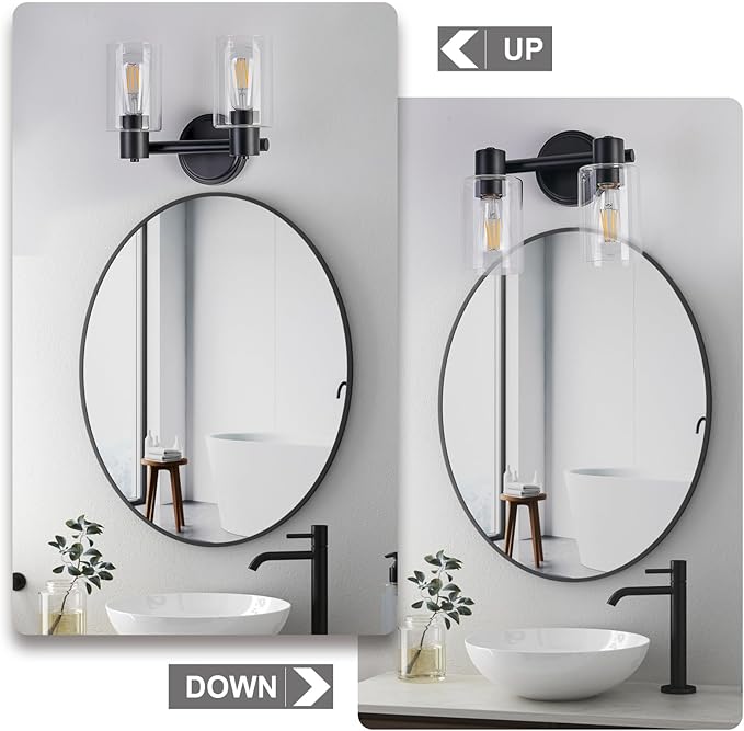 2 Light Bathroom Wall Light Fixtures Black Bathroom Wall Sconce with Clear Glass Lights Over Mirror Vanity Lights E26 Base