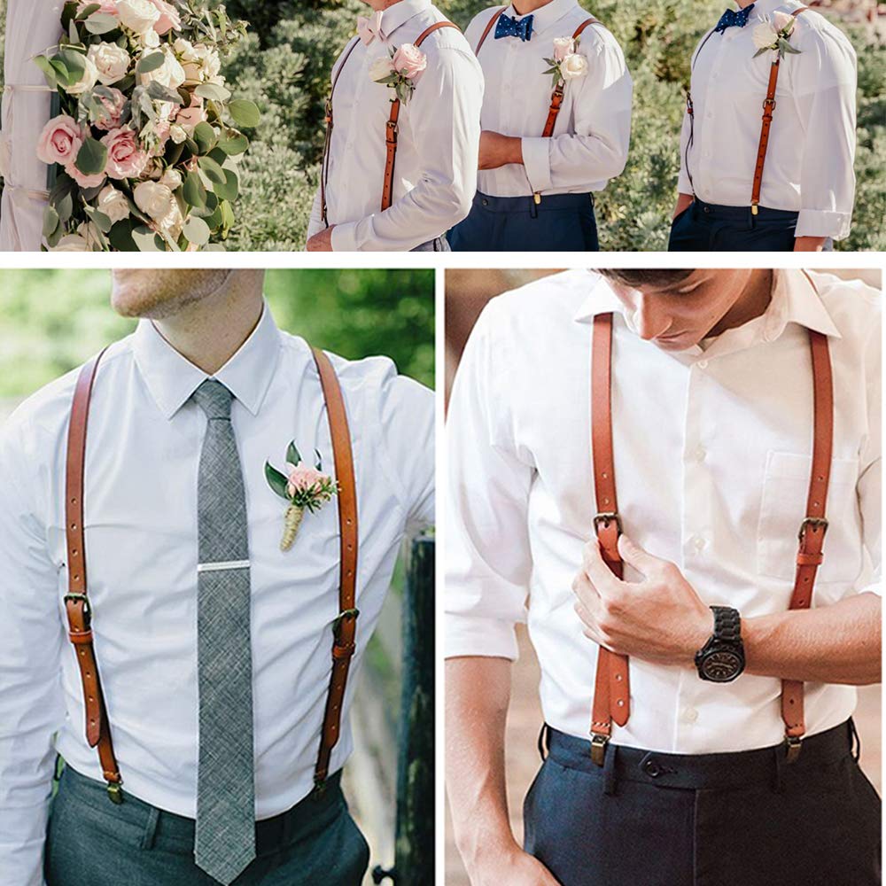EURYNOME Leather Suspenders For Men, Brown Genuine Leather Suspenders Groomsmen Gifts (01#, M)