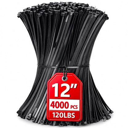 Zip Ties 12 inch, 4000 Pack Heavy Duty Black Zip Ties with 120 lbs Tensile Strength, Self-Locking Nylon Cable Ties,Wire Ties for indoor and outdoor use