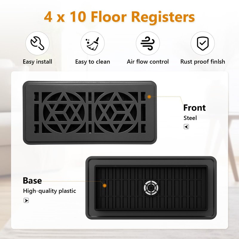 2 Pack Floor Vent Covers, Floor Register 4x10, Heavy Duty Walkable Steel Vent Cover, Adjustable Decorative Vent Covers for Home Floor Ceiling or Sidewall Vent, Rust-Proof Finish (Black)