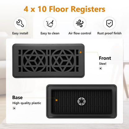 2 Pack Floor Vent Covers, Floor Register 4x10, Heavy Duty Walkable Steel Vent Cover, Adjustable Decorative Vent Covers for Home Floor Ceiling or Sidewall Vent, Rust-Proof Finish (Black)