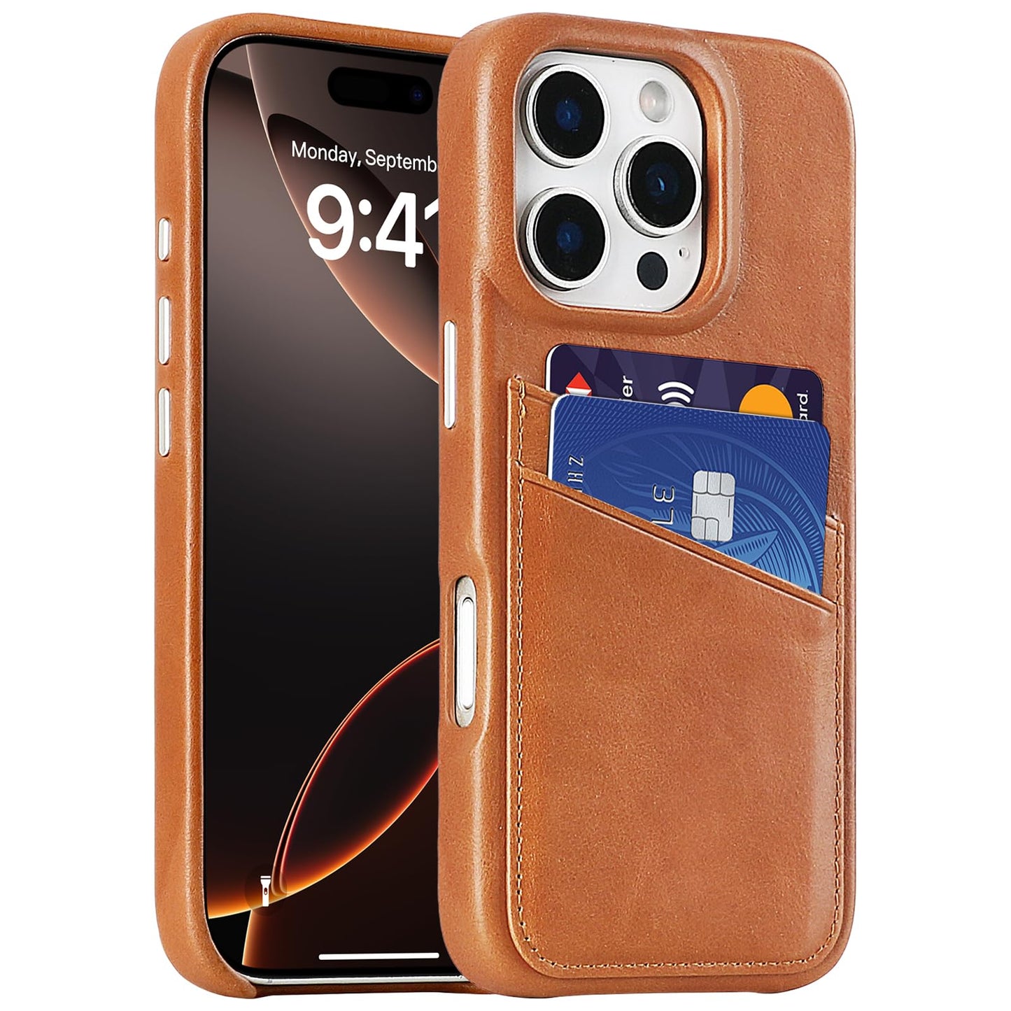 LUCKYCOIN 100% Genuine Leather Wallet Phone Case for iPhone 16 Pro, Slim Design with Card Holder, Shockproof Protective Cover, Microfiber Lining & Metal Buttons, for Men and Women, Tan