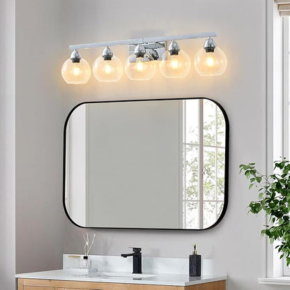 5-Light Bathroom Light Fixtures, Silver Vanity Light with Ultra-Clear Hand-Blown Glass, Durable & Elegant, Wall Lamp for Mirror, Bedroom, Kitchen