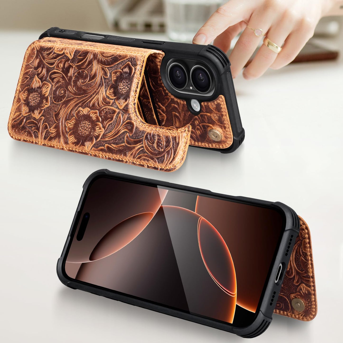RMAWRAD Wallet Real Leather Case Compatible with iPhone 16 6.1" ，Genuine Leather，Shockproof, Anti-Fall Case, Flip Cover, with Card Slot, Double Magnetic Buckle, Kickstand, Durable Brown
