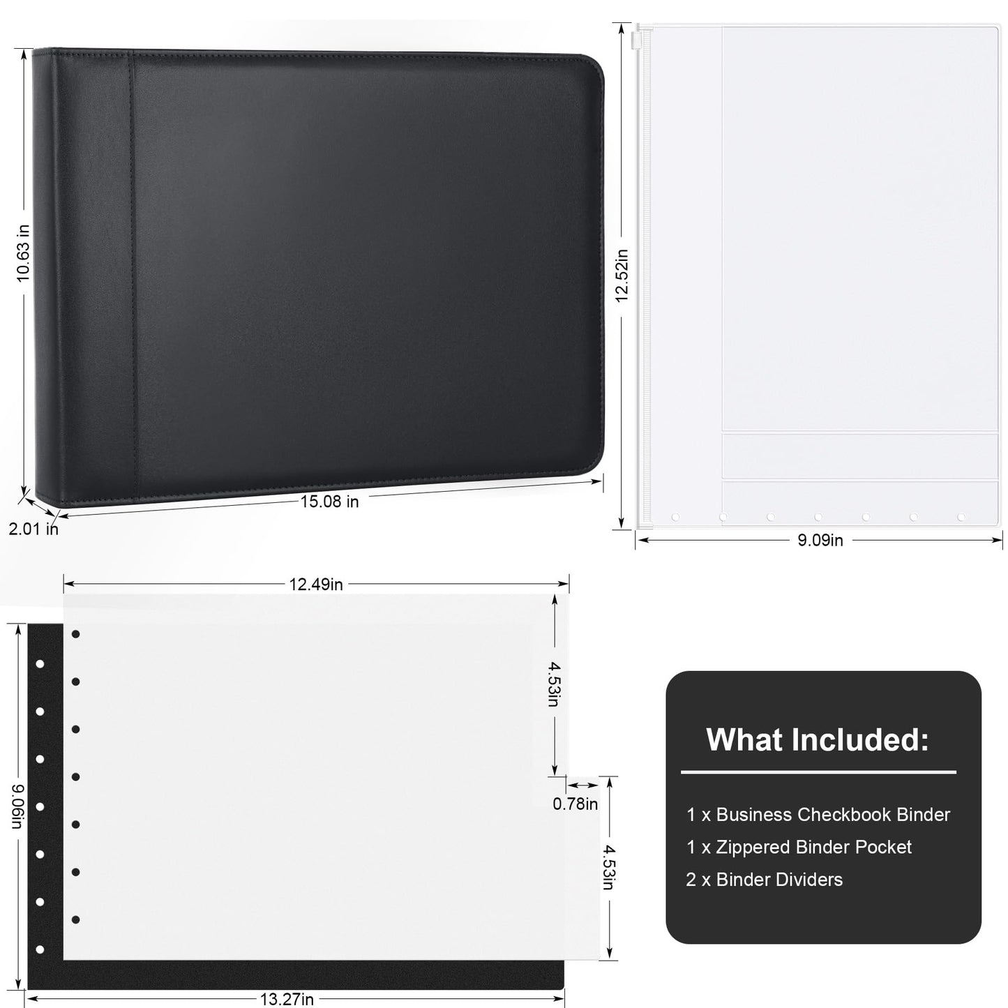 Antner Zippered 7 Ring Business Checkbook Binder Portfolio for 3-on-a-Page Business Checks, 600 Checks Capacity, PU Leather Check Book Binder Cover with Zipper Pouch & Dividers for 9x13 Sheets, Black