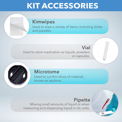 AmScope Microscope Slide Preparation Kit - Includes Blank Microscope Slides, Eosin Red & Methylene Blue Stain Powders, Tweezers, Swab & More - 22-Piece Kit