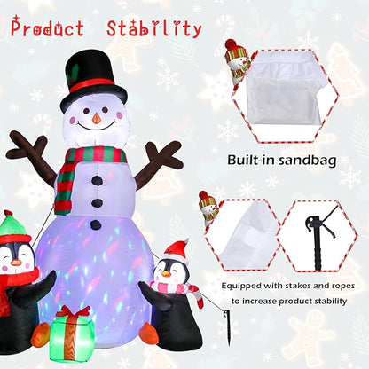 6 FT Christmas Inflatable Decorations, Infaltables Snowman with 2 Penguins Built-in Twinkle Colorful LED Lights Christmas Blow up Yard Decorations for Xmas Garden Patio Lawn Decor