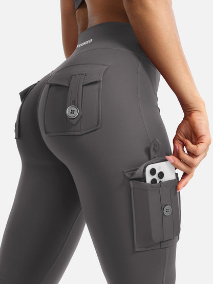 YEOREO CoreFlex Women Workout Flare Leggings with Pockets Hidden Scrunch High Waisted Cargo Gym Yoga No Front Seam Leggings Dark Grey XL