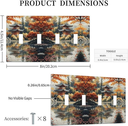 Decorative Art Light Switch Covers Lake & Pagoda in Fall Quad Toggle 4 Gang Wall Plate Switch plate Electrical Faceplate for Home Decor