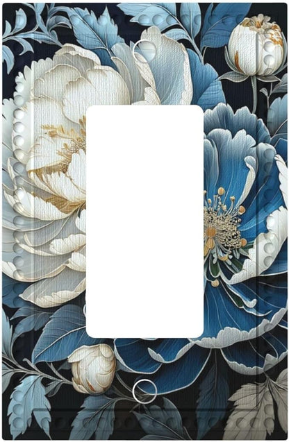White Blue Flower Peonies Single Decora Outlet Wall Plate 1 Gang Rocker Decorative Switchplate Faceplate GFCI Light Switch Covers for Home Living Decor