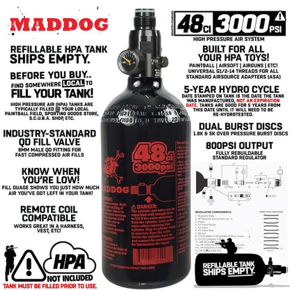 Maddog 48/3000 Aluminum Compressed Air HPA Paintball Tank with Regulator - Airgun Airsoft PCP - Fresh Hydro Date - Ships Empty - Single - Refillable