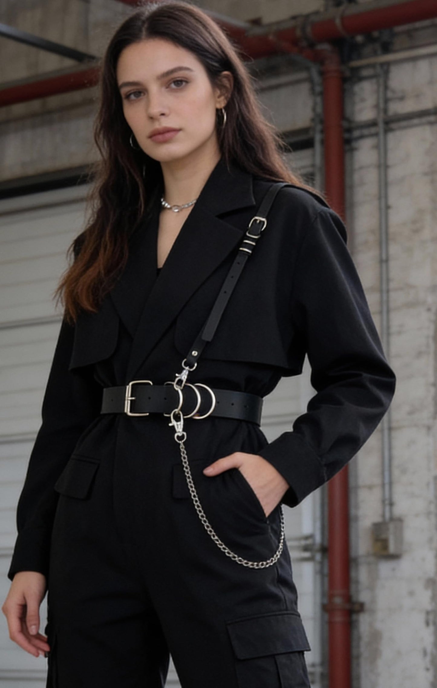 Women's Adjustable Waist Belt with Shoulder Strap & Chain – Faux Leather Fashion Belt with Alloy Ring – Streetwear Layering Accessory for Festival Photoshoot Performance Outfit (Fit Waist 21.5-36.0in)