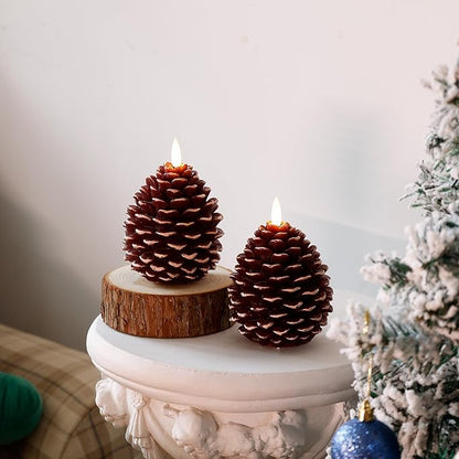 Christmas Flameless Pinecone Candles with Remote,Real Wax Battery Operated Candles, Flickering Led Pine Cone Candle for Xmas Holiday Winter Home Decoraction, 2 Pack
