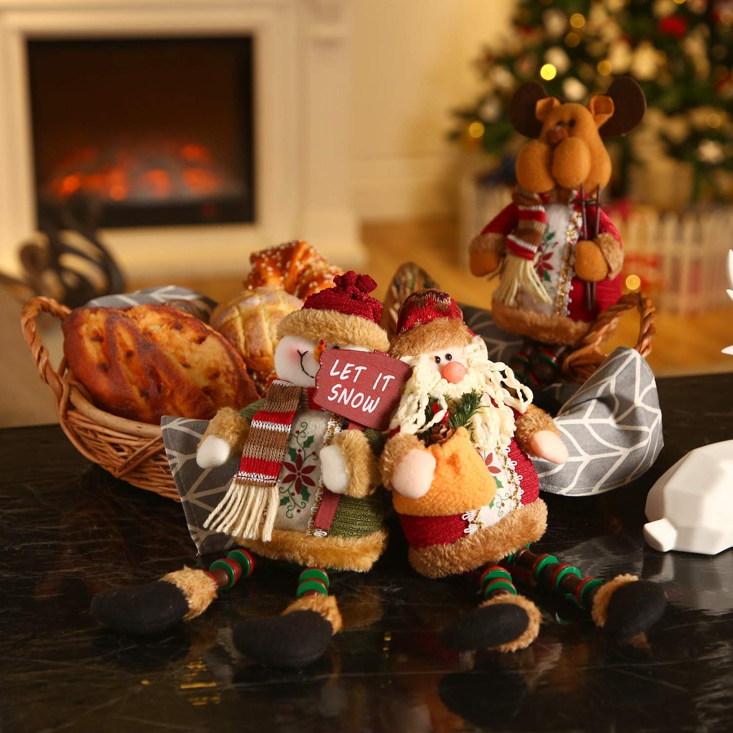 Sumind 3 Pcs Christmas Sitting Doll Santa Claus Snowman Reindeer Sitter Christmas Ornament with Long Legs Xmas Figurines Plush for Table Fireplace Home Decoration