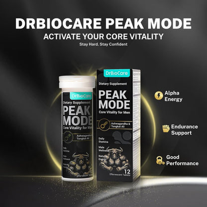 DrBioCare Peak Mode Core Vitality for Men 7-in-1 Effervescent Tablets | Tongkat Ali, Maca & L-Arginine，Ashwagandha, | Boost Stamina, Drive & Blood Flow for Good Performance | Berry Flavor 12 Tablets