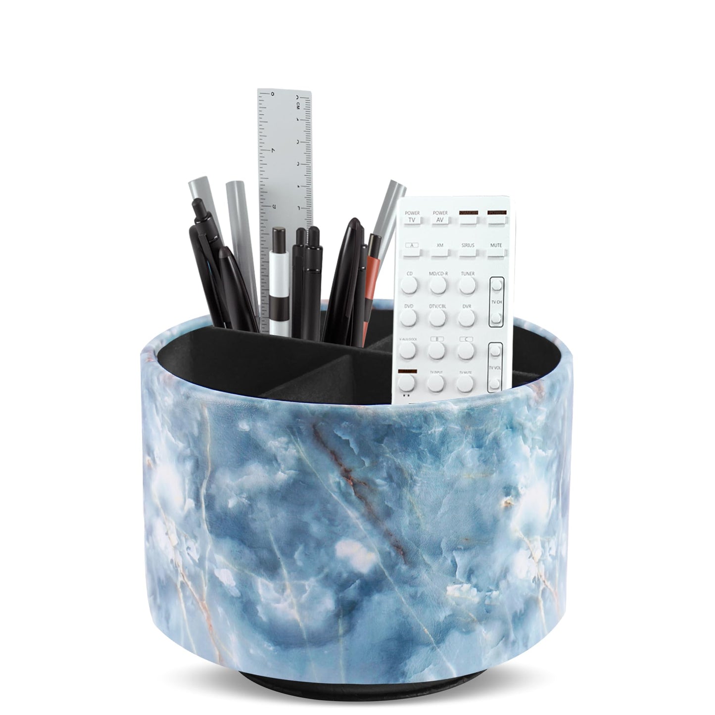 Haecsfl Round Leather Art Supply Organizer,Remote Control Holder,360-degree Rotating Pen Organizer with 4 Compartments(1-Marble Jade)