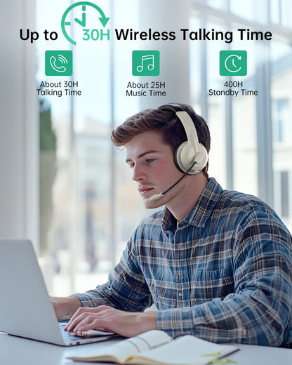 Wireless Headset with Mic for Work with AI Noise Cancelling Mic for Clear Calls, Bluetooth V5.3 Headphones with Microphone to USB A/C Dongle & Mic Mute for Computer Laptop PC iPhone (Apricot Black)