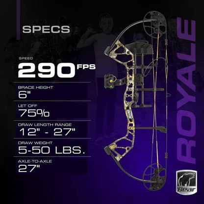Bear Archery Royale RTH Compound Bow, Ready-to-Hunt Package, Right Handed Archers, 27" Bow, Adjustable Draw Weight 5-50lbs, Adjustable Draw Length 12"-27", Toxic