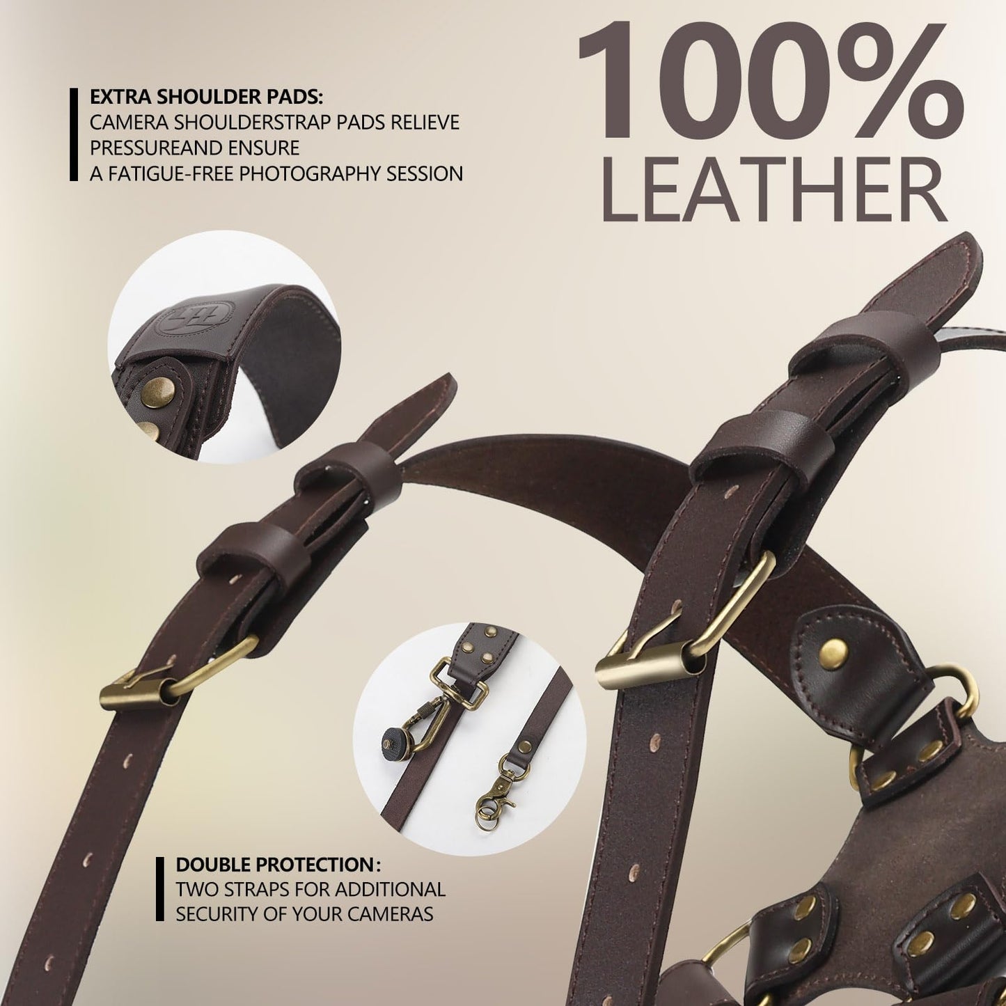 4J LEDR Dual Camera Harness Strap for Two-Cameras,Dual Shoulder Full Grain Leather Harness,Multi Double Camera Gear for DSLR/SLR Strap,Double Camera Harness for Photographers,Small Size,Brown
