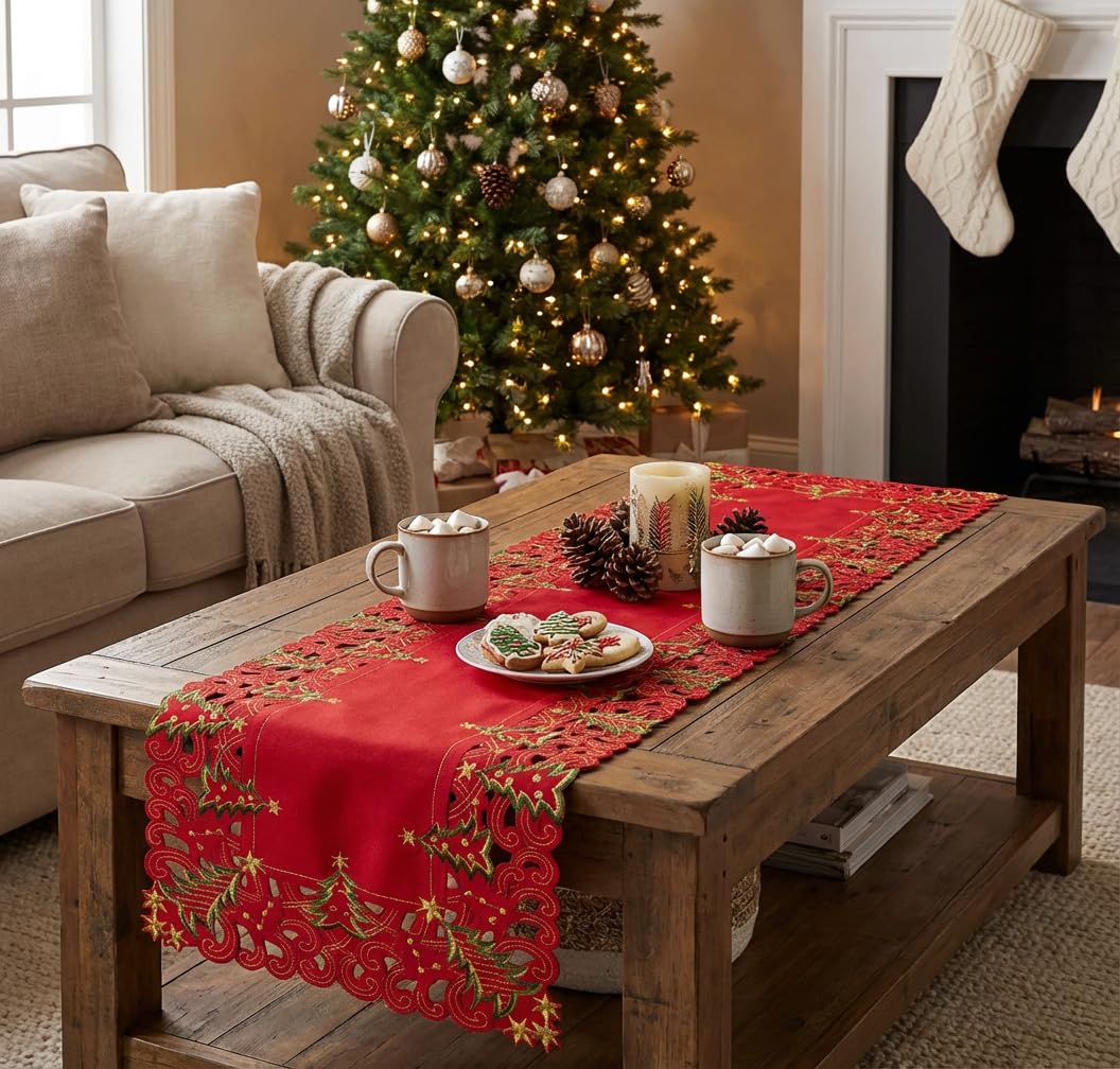 SHANGRLA Red Christmas Tree Table Runner 72 Inches Long – Embroidered Lace Tablerunner with Xmas Tree Design, Elegant Festive Dining Room Table Decor, Holiday Table Linen Centerpiece
