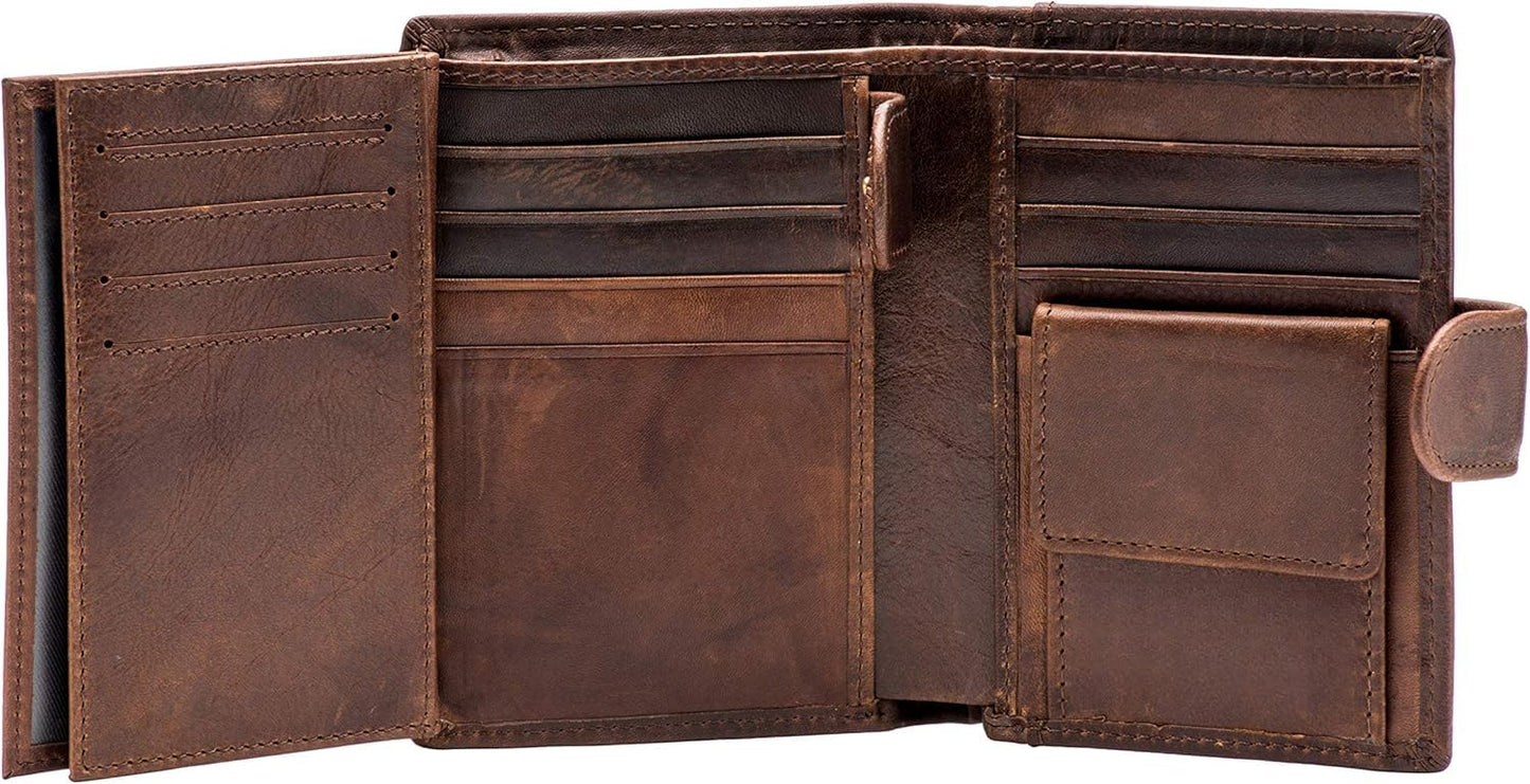 Plinvo Mens Large RFID Blocking Genuine Leather Wallet Trifold Card Holder with Snap Closure and 3 ID Windows (Coffee)
