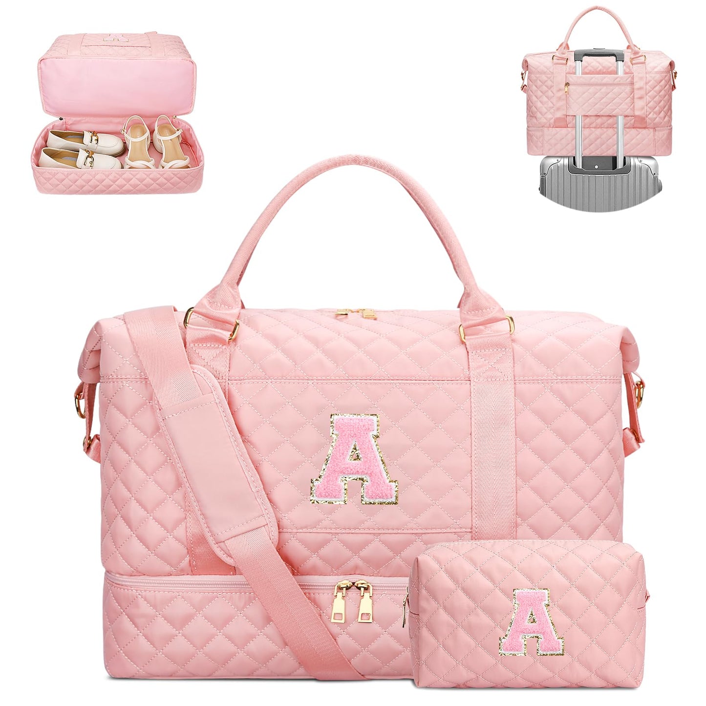 CLOUDWINGS Graduation Gift for Her Women Gift-Birthday Gifts Initial Travel Duffle Bag Quilted Weekender Carry-On Overnight with Cosmetic Bag, Gym Bag with Shoe Compartment Personalized Bag, Pink A