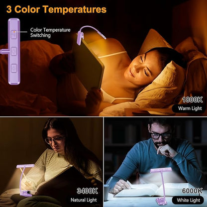 Gritin 19 LED Rechargeable Book Light for Reading in Bed with Memory Function- Eye Caring 3 Color Temperatures,Stepless Dimming Brightness,80 Hrs Runtime Clip on Light for Book Lovers-Purple