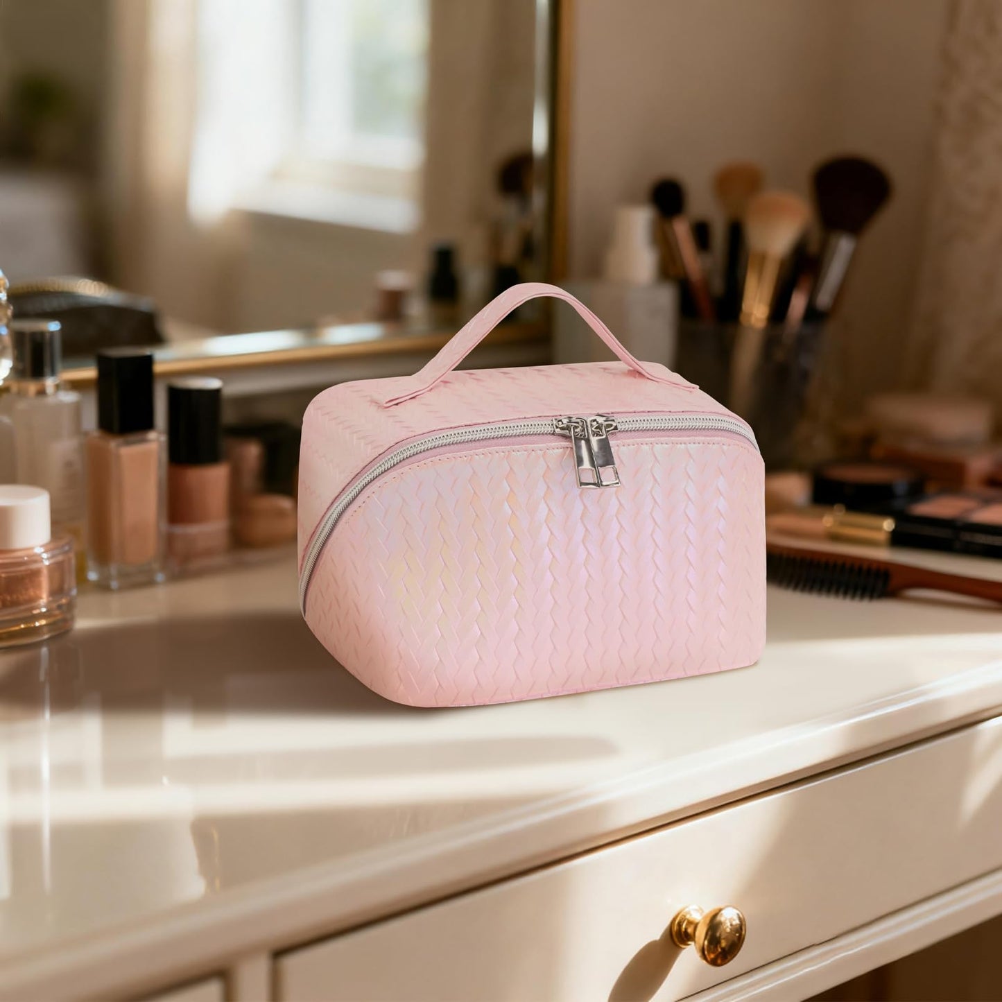 TINYAT Travel Makeup Bag for Women Open Flat Cosmetic Bags Leather Toiletry Bag Waterproof Pouch Travel Essentials Organizer