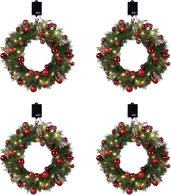 4pack Solar Christmas Wreath 24 Inch Pre-Lit Solar 50 Led Artificial Wreath Outdoor Front Door Window Christmas Decorations with Frosted Branches Red Christmas Balls (2408-4pk)