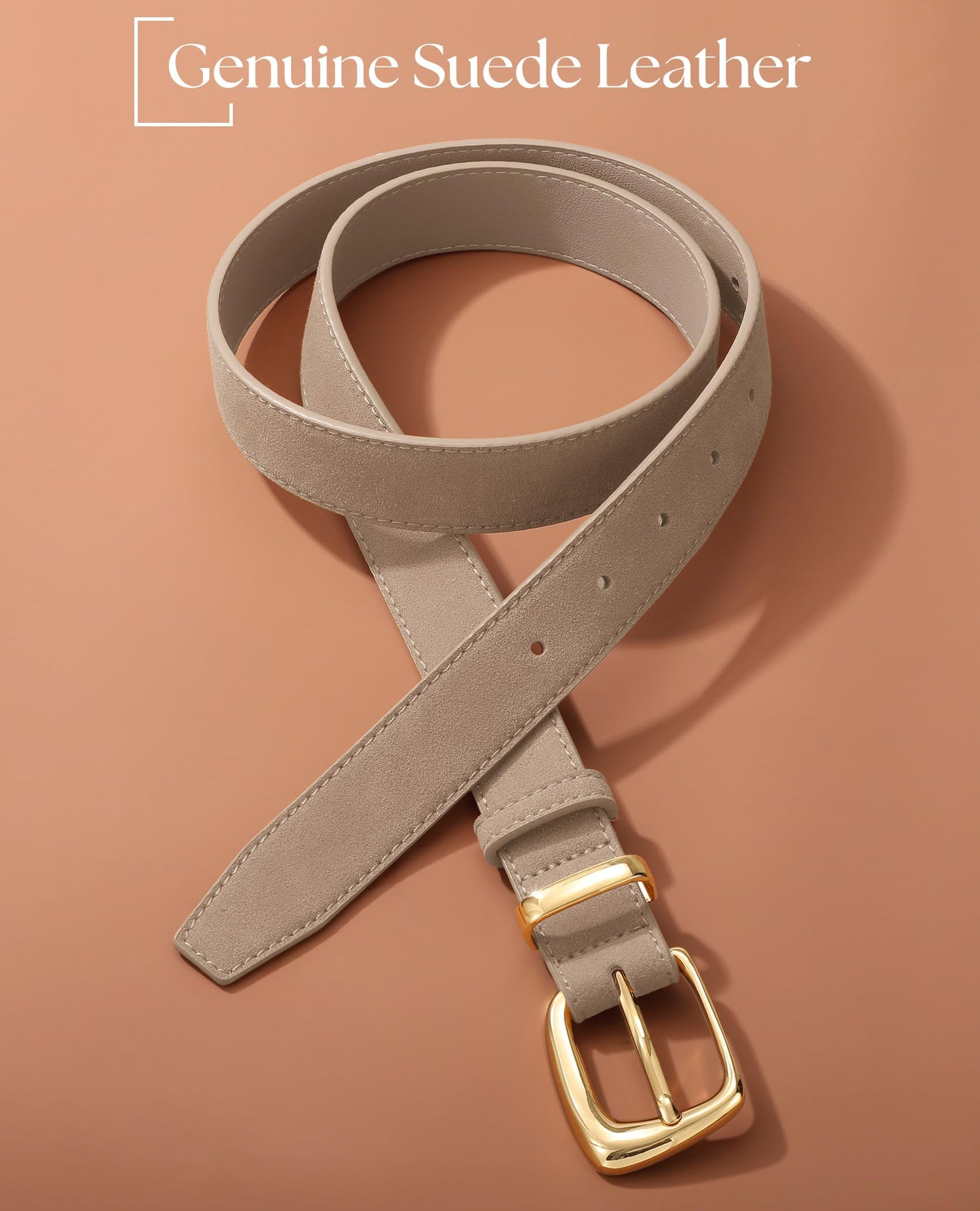 SANSTHS Women Suede Leather Belt for Dresses Jeans Fashion Retro Gold Buckle Ladies Waist Belts,Khaki,S