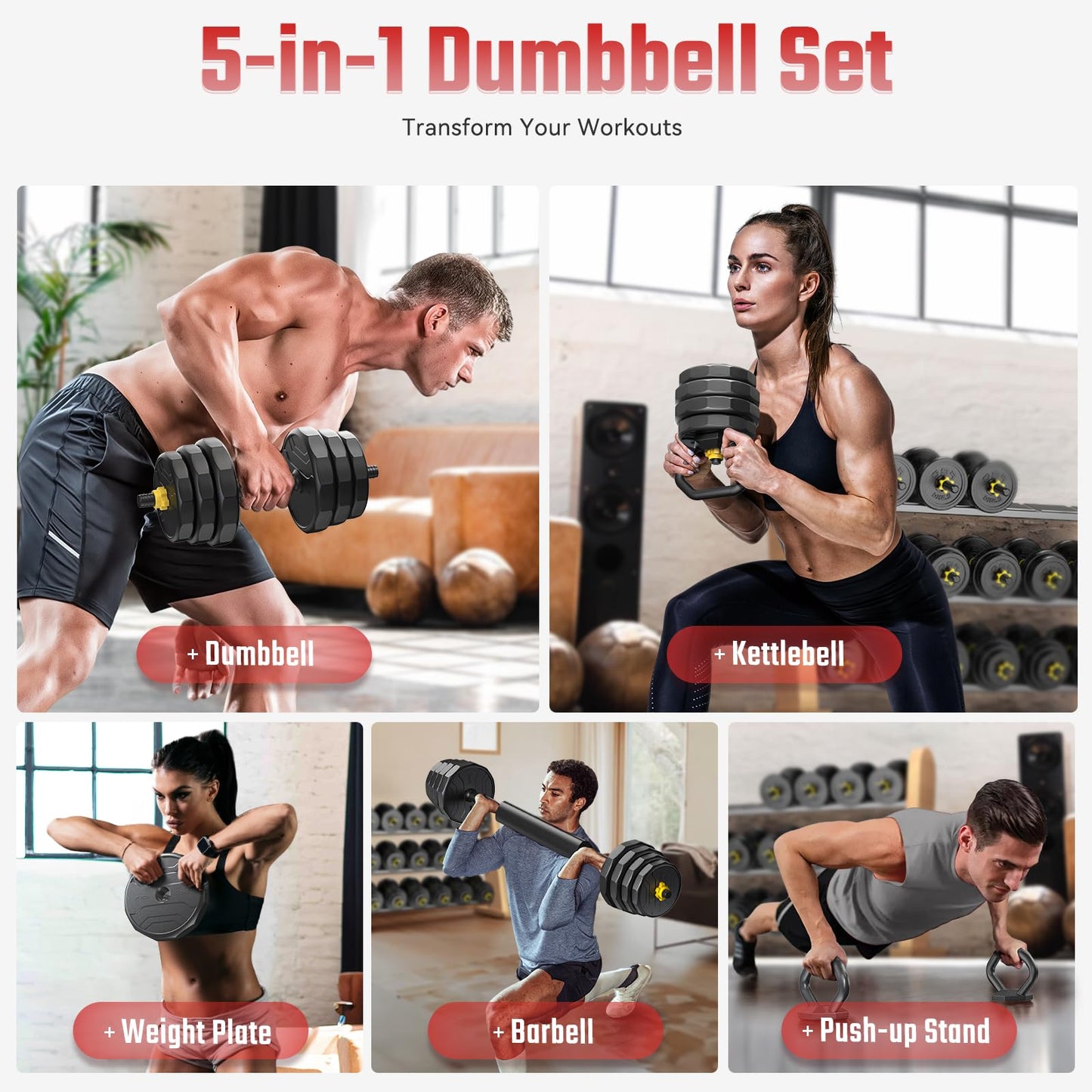 FEIERDUN Adjustable Dumbbells, 68lbs Free Weight Set with 4 Modes, Used as Barbell, Kettlebells, Push up Stand, Fitness Exercises for Home Gym Suitable Men/Women