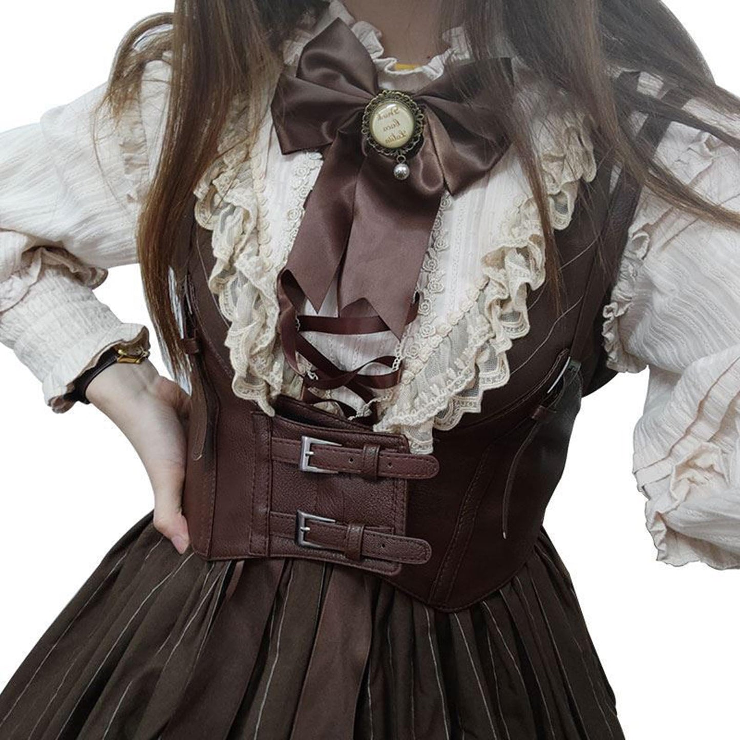 eYLun Women Underbust Corset Belt Faux Leather Wide Elastic Belts Steampunk Strap Waist Corset Belt Brown Large