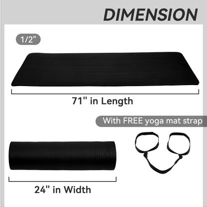 Fitvids All Purpose 1/2-Inch Extra Thick High Density Anti-Tear Exercise Yoga Mat with Carrying Strap, Black