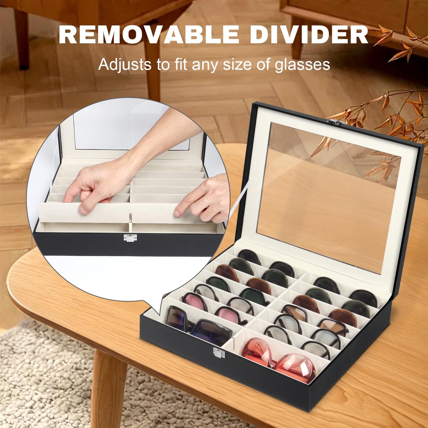 Huvon Sunglasses Organizer Case with Adjustable Slots, Eyeglasses Display with Lid, Eyewear Storage Box for Large Glasses