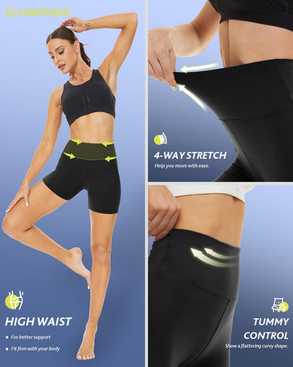 CAMPSNAIL 2 Pack Biker Shorts Women - 5" High Waist Workout Tummy Control Spandex Shorts for Gym Athletic Yoga