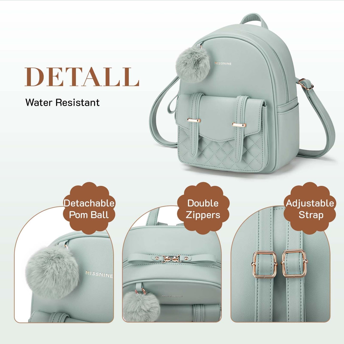 Missnine Mini Backpack for Women Cute Small Backpack Purse With Pompom PU Leather Bookbag Small Casual Daypacks For Ladies