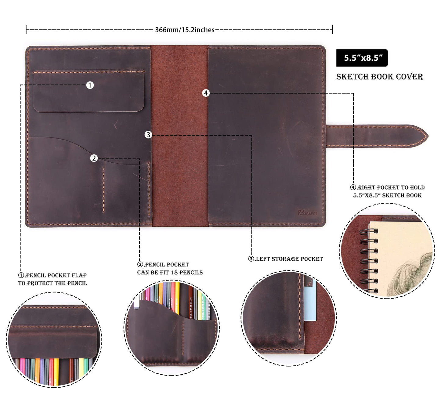 Robrasim Handmade Leather Sketchbook Cover, Leather Artist Sketch Pad Cover for 5.5" x 8.5" Sketchbook, Drawing Book and Pencil Case, Journal Notebook Portfolio, Artis Gifts-Coffee