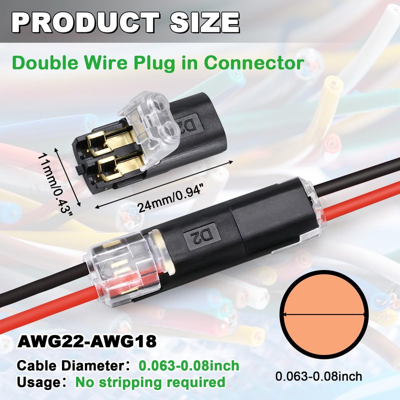 20Pcs Double Wire Plug in Connector, LED Light Strip Low Voltage Connectors 2 Pin with Locking Buckle - Quick Connect, No Wire Stripping Cutting