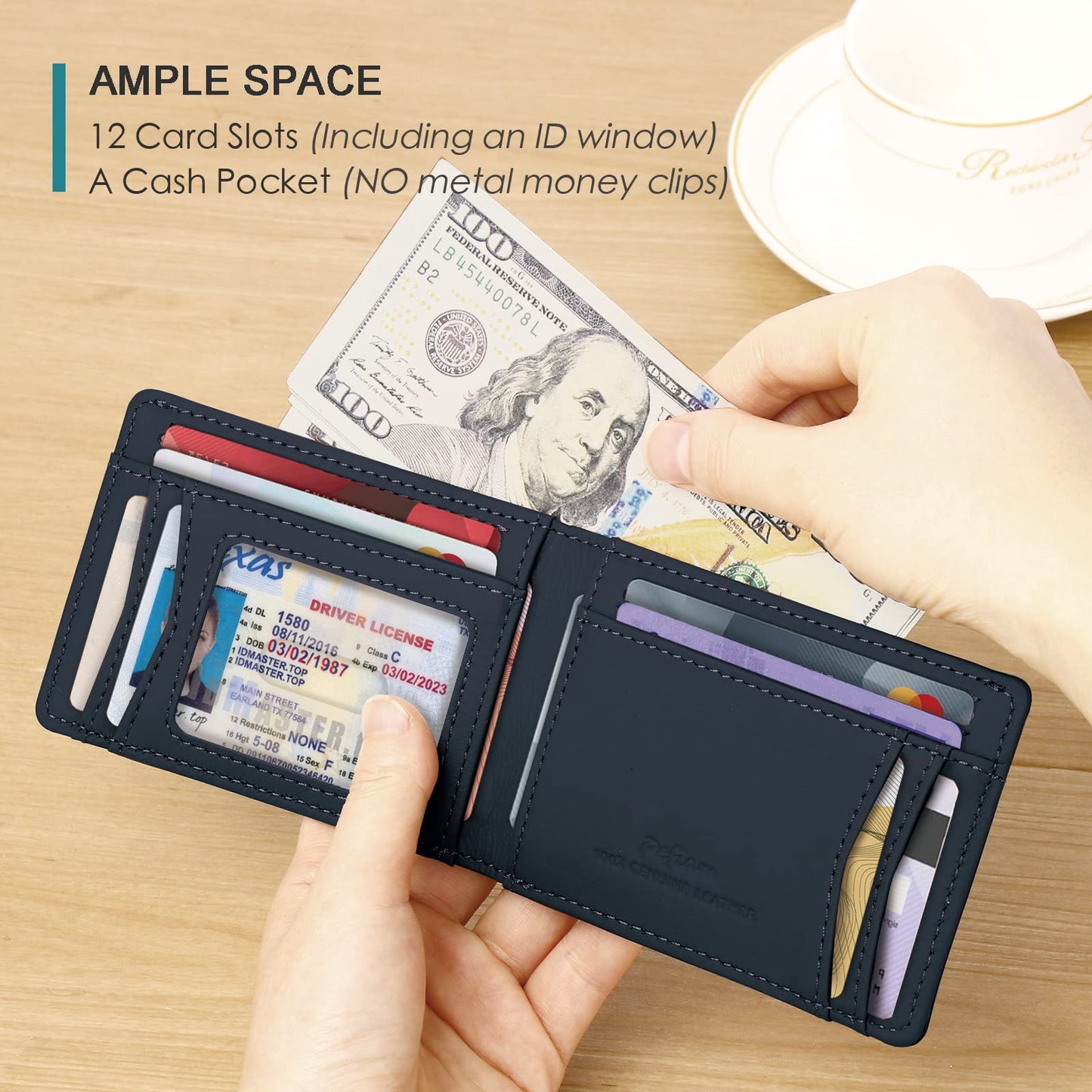 Pefiam Full Grain Leather Wallets for Men, Bifold Wallets for Men, Mens Leather Wallets with 12 Slots, RFID Blocking, Gifts for Men (USA Flag, Black)