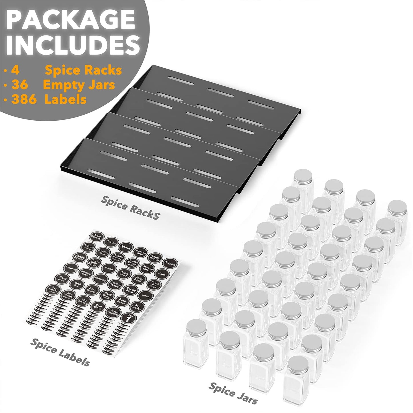 SpaceAid Spice Drawer Organizer with 28 Spice Jars, 386 Spice Labels, 4 Tier Seasoning Rack Tray Insert for Kitchen Drawers, 13" Wide x 17.5" Deep