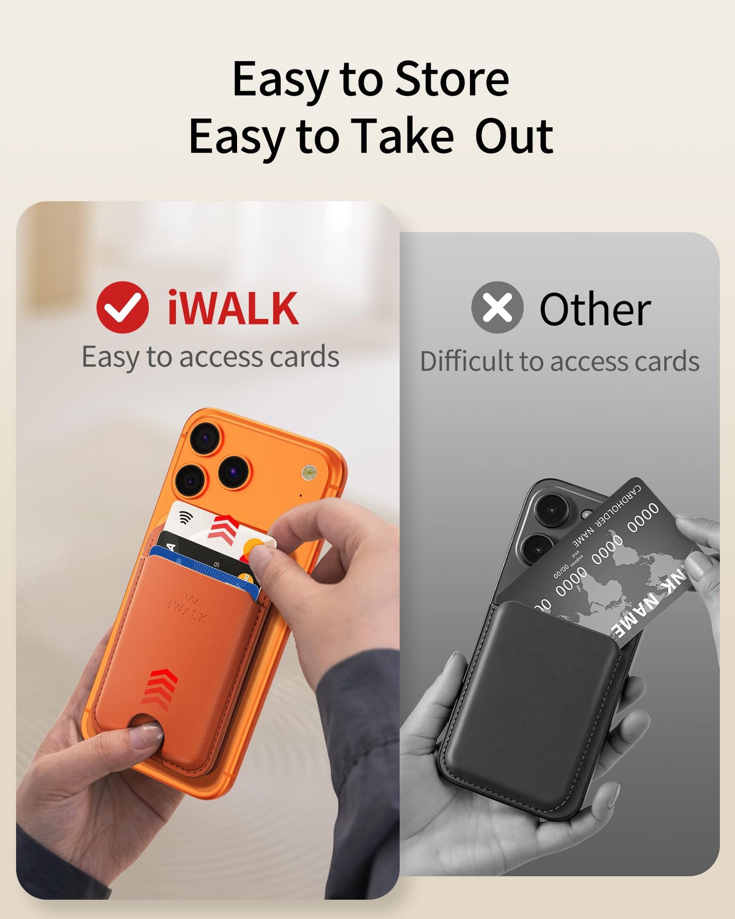 iWALK Stronger Magnetic Wallet, Upgraded for MagSafe Wallet, RFID Blocking, 5 Card Holder with Adjustable Stand, Slim Leather Phone Wallets for iPhone 17/16/15/14/13/12 Series, iPhone Wallets Orange
