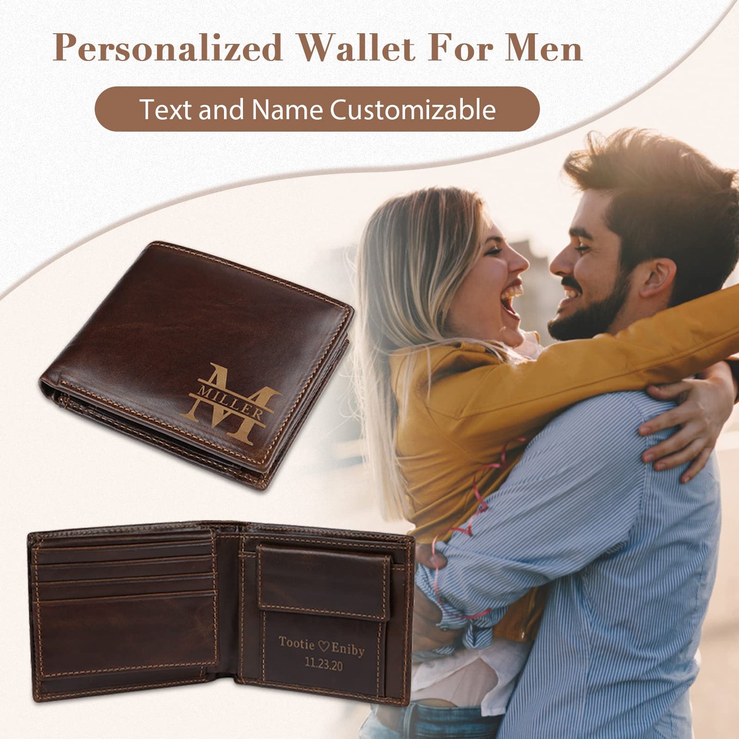 Glooraca Personalized Leather Wallet for Men, Custom Engraved Name & Initials Gift for Dad Father's Day, Genuine Leather RFID Blocking Bifold Thin Wallet (Color 1)
