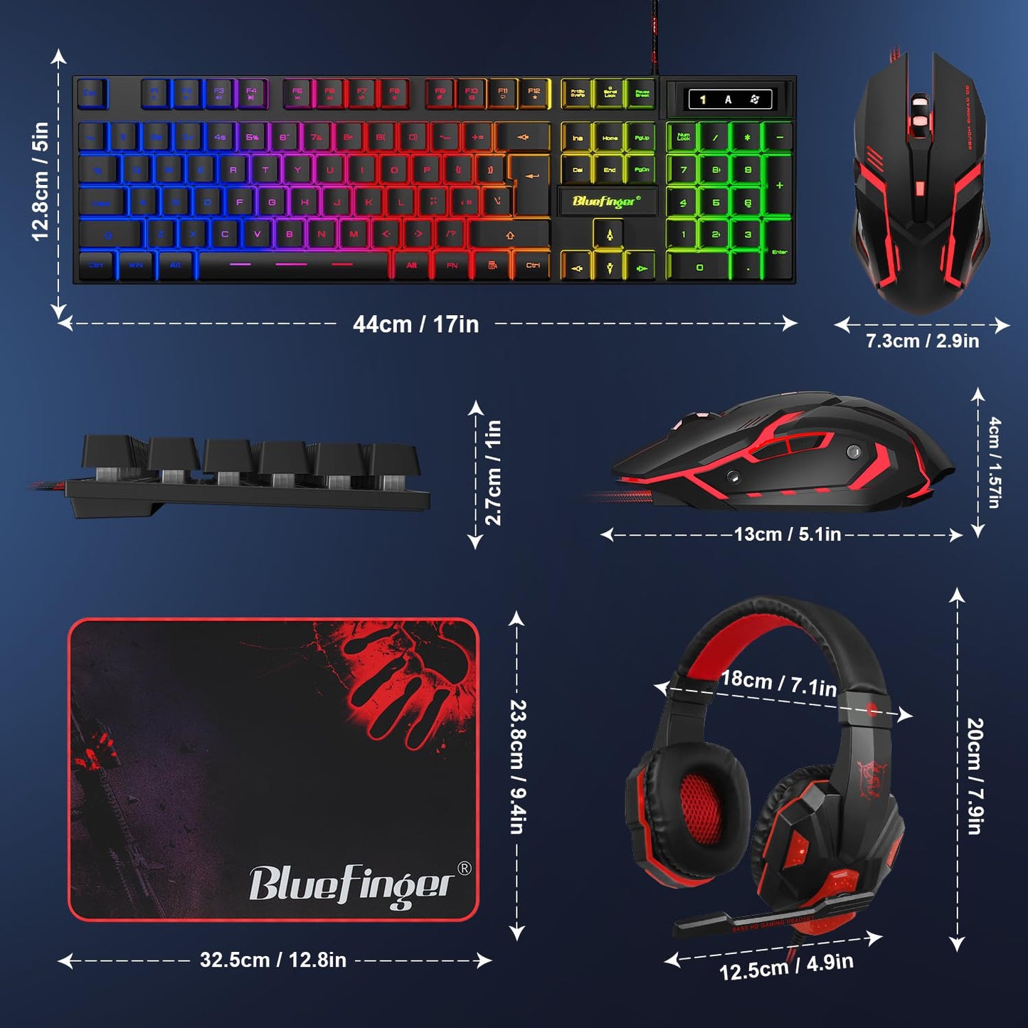 BlueFinger RGB Gaming Keyboard and Backlit Mouse and Headset Combo, USB Wired Backlit Keyboard, LED Gaming Mouse Set, Headset with Microphone for Laptop PC Computer Game and Work