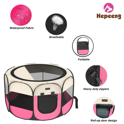 Portable Pet Playpen, 8-Panel Indoor/Outdoor Puppy Pen with Shade Cover & Travel Bag - Waterproof Dog Cat Tent Includes Collapsible Bowl