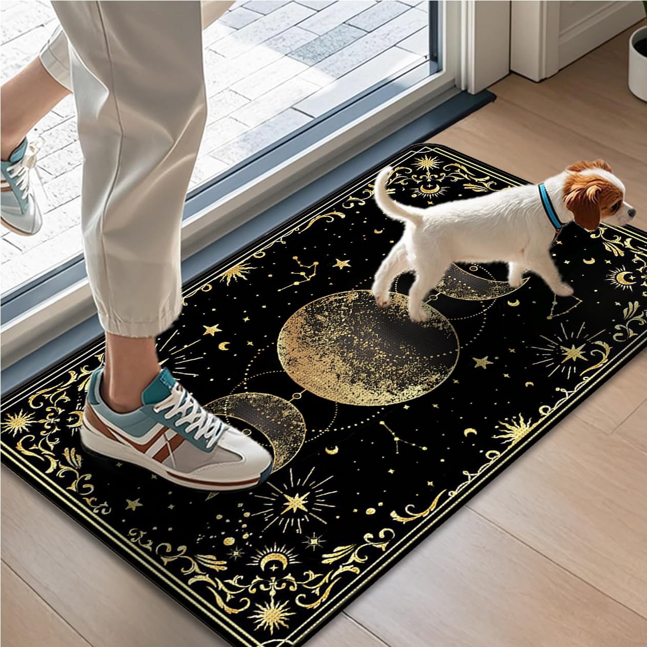 WARDOS Mystical Gold Boho Triple Moon Door Mat, Witchy Celestial Sun and Moon Astrology Doormats for Front Door Outdoor Indoor Entrance Entryway, Witch Stars Aesthetic Area Rug Bath Mats, 17x30 Inch