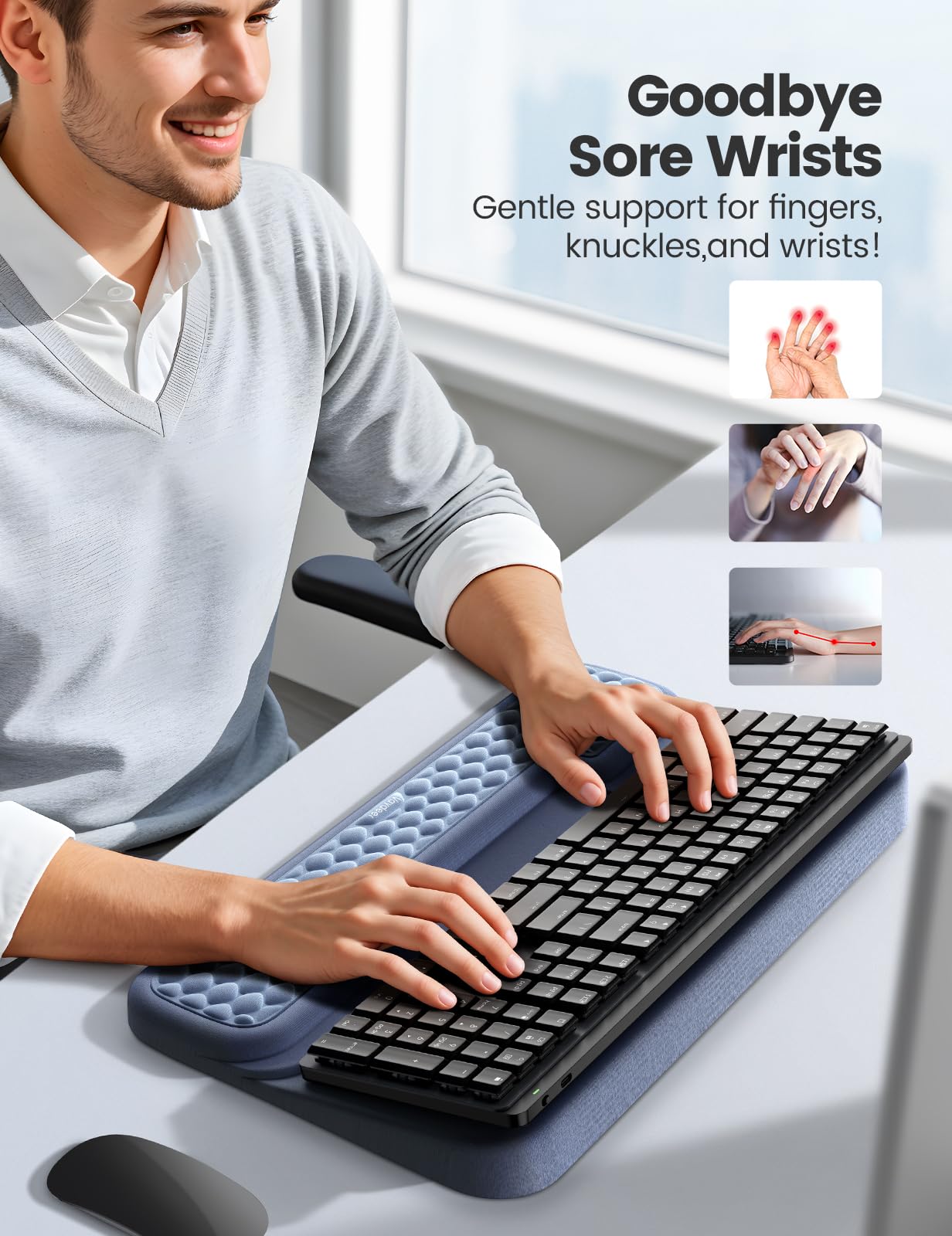Vaydeer Wrist Rest with Keyboard Stand, Computer Wrist Support Pad, Ergonomic Keyboard Riser Holder Lift Tray with Wrist Pad, Soft Memory Foam Desk Cushion, Palm Hand Typing for Office Home Gift-Blue