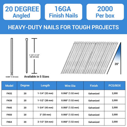 meite 16 Gauge 20 Degree Angled Finish Nails 1-1/2 Inch Galvanized Rust-Proof Finishing Nails for Electric or Pneumatic Finish Nailer - Cabinet Crown Baseboard Trim & Molding (2,000 PCS)